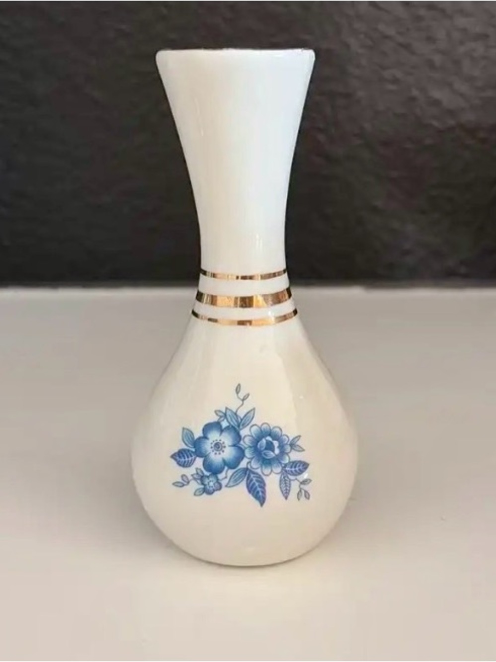 White Ceramic Bud Vase with Blue Floral Accent and Gold Band